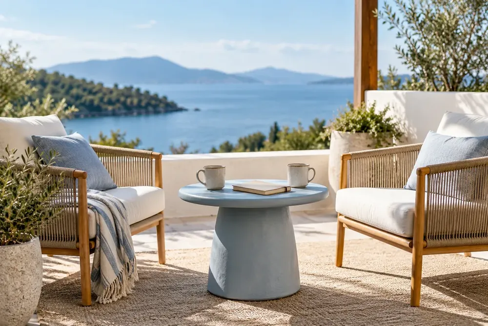 Two chairs face one another on a quiet terrace.