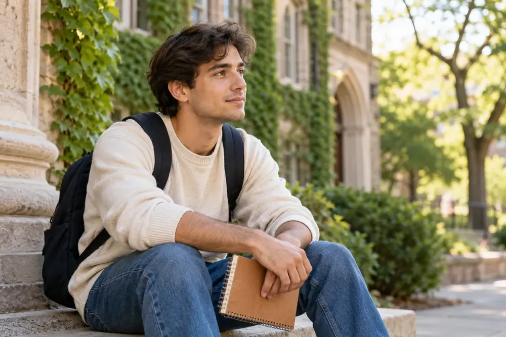 A young man sitting outdoors with a notebook.