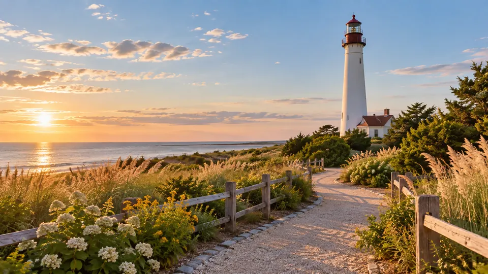 A warm editorial scene inspired by Cape May Lighthouse, New Jersey