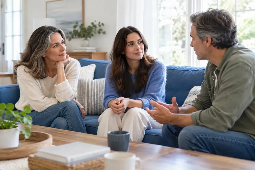 Family members listen to one another in a sunlit room.