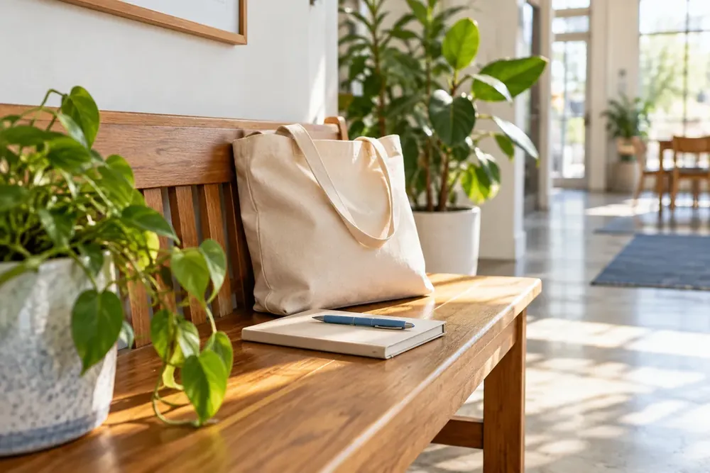 A notebook and canvas bag on a sunlit bench