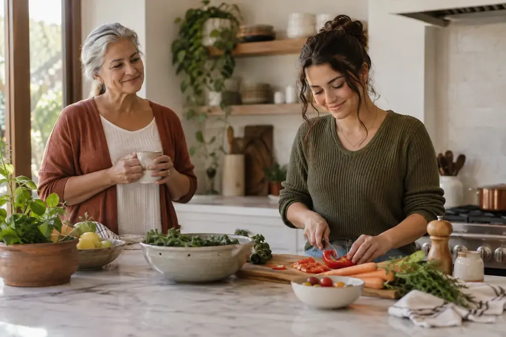 A parent and adult child at a kitchen counter, parent gently stepping back while adult child prepares a meal independently, candid warm domestic scene, autonomy with affection, mid-distance