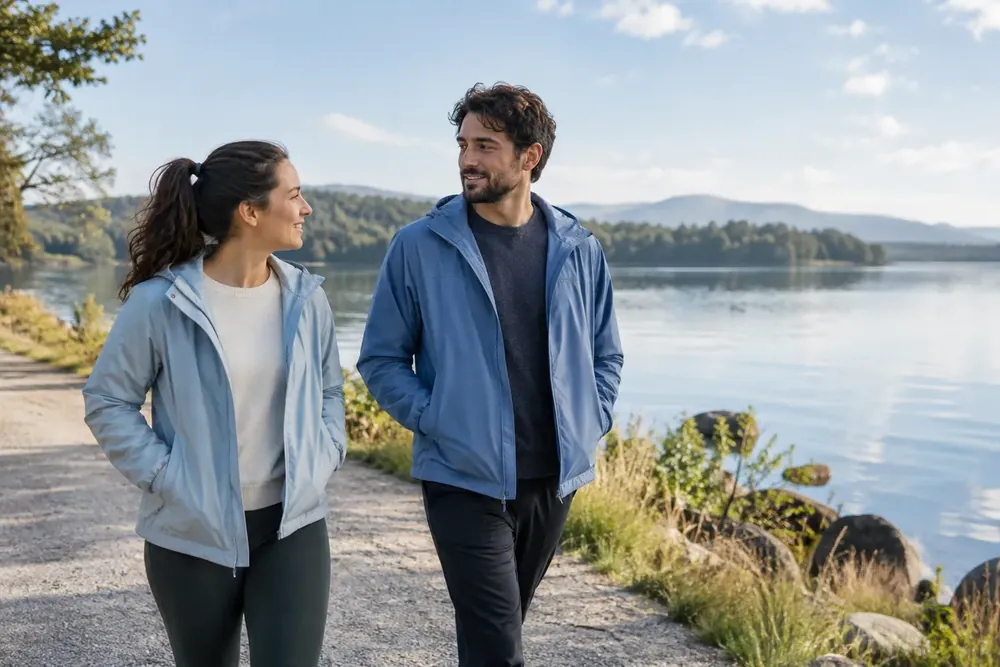 Two adults walking and talking beside a quiet lake