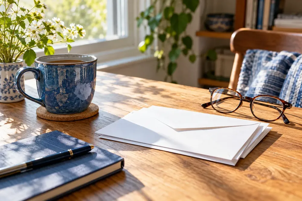 Glasses and envelopes arranged on a sunlit desk