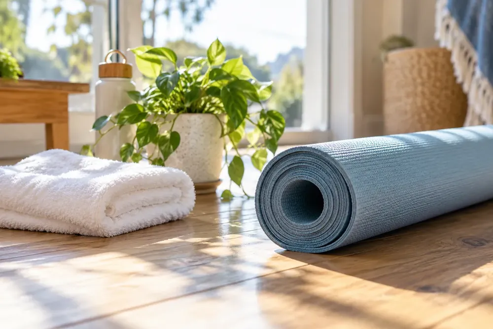 A blue yoga mat and white towel in a sunlit room.