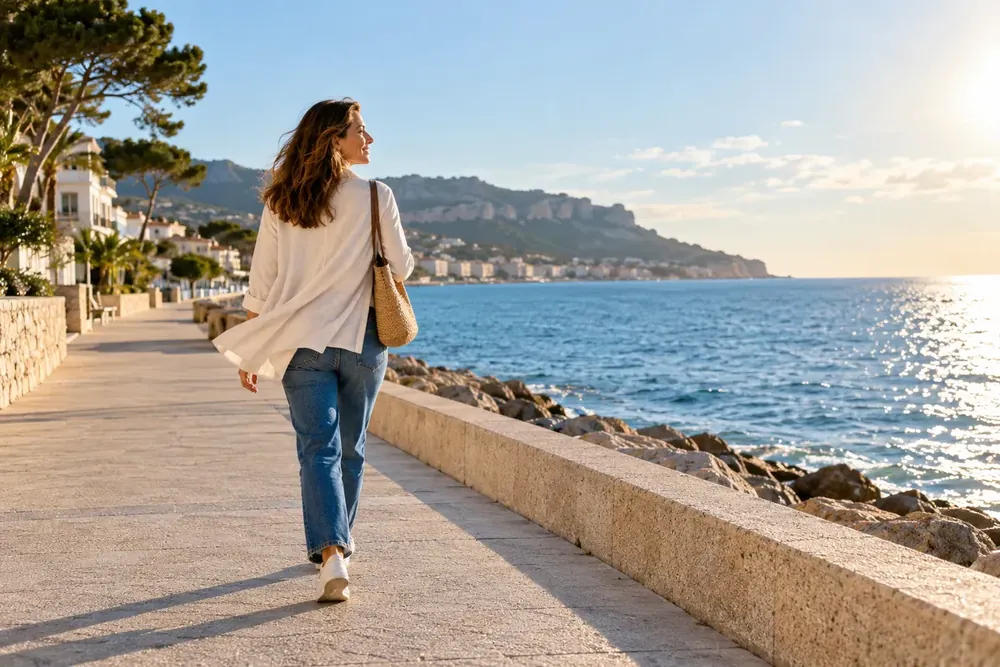 An adult walking along a sunlit seafront promenade