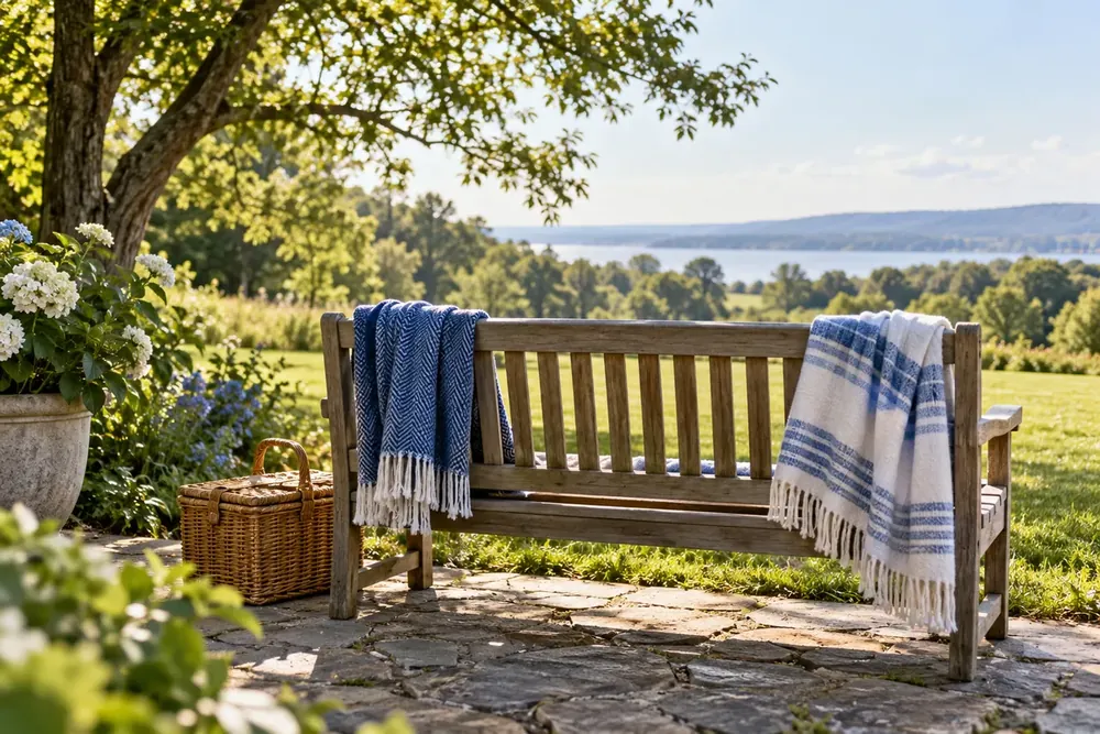 Blankets and a picnic basket rest on a garden bench.