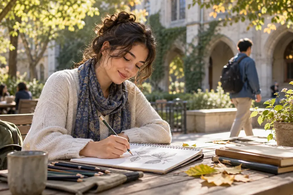An art student sketching at an outdoor courtyard table.