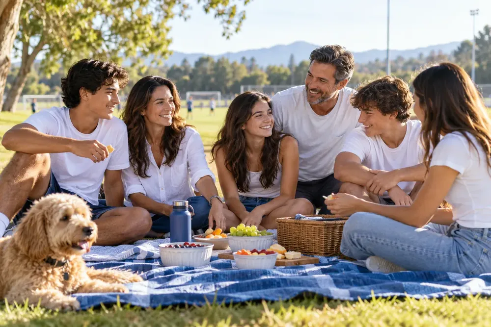 A family enjoying a picnic beside a playing field