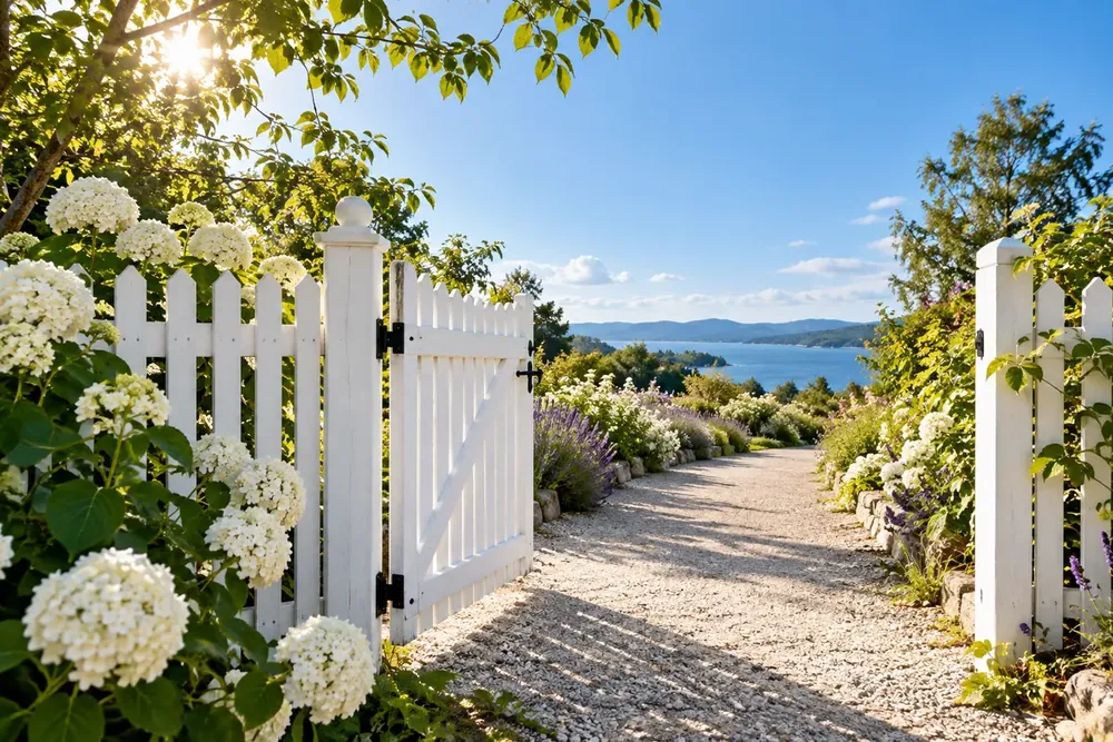 An open garden gate leading to a quiet path