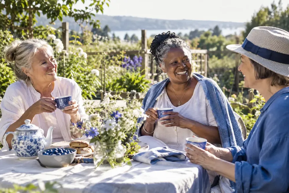 Three women sharing tea in a sunny community garden.