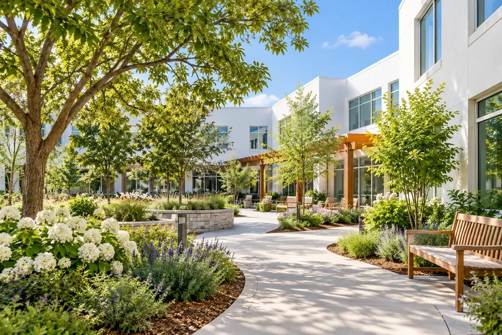 A calm garden courtyard with a clear walkway