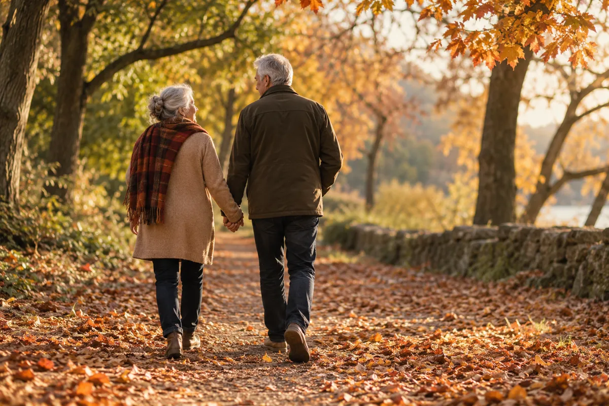 An older couple walks hand in hand beneath autumn trees.
