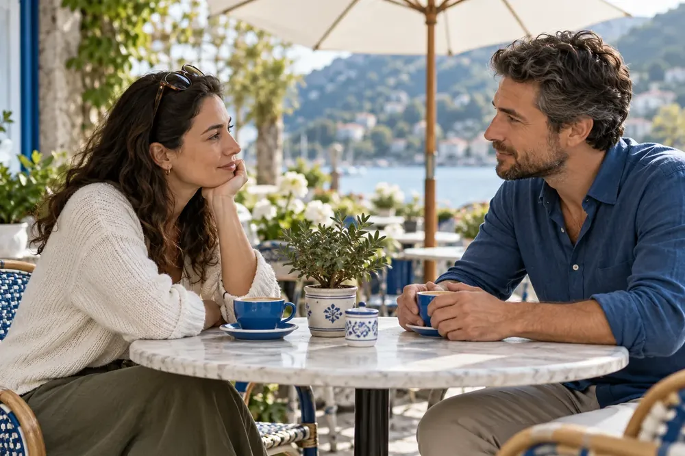 Two adults talking over coffee at an outdoor cafe.