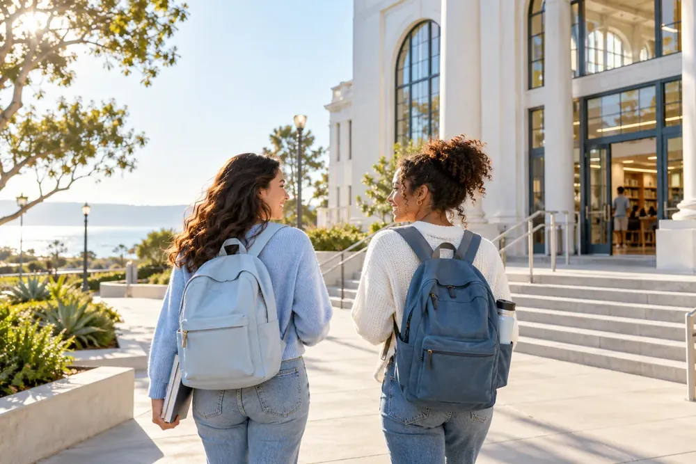 Two students walking toward a campus building.
