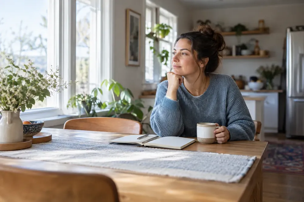 An adult caregiver with a notebook beside a kitchen window.