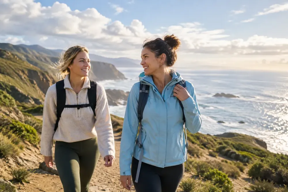 Two women walking an open coastal trail.