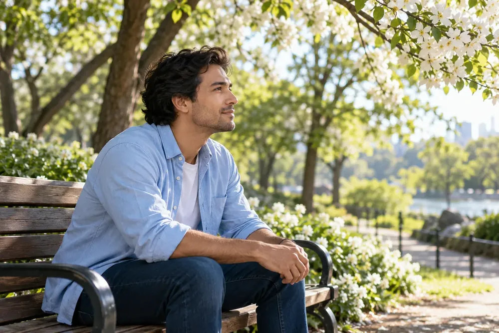An adult sitting thoughtfully on a shaded park bench.