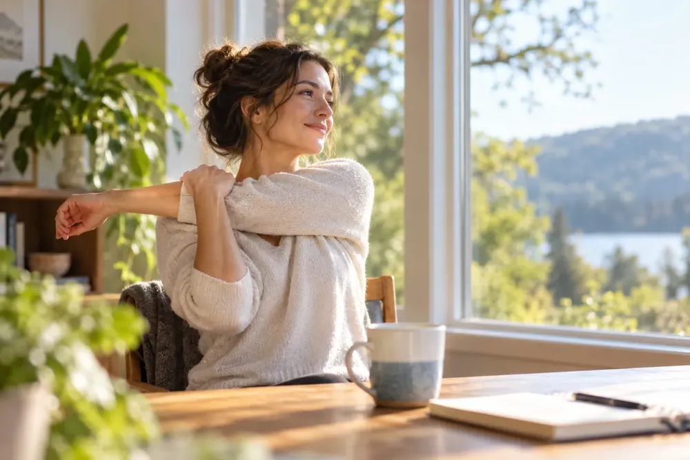 An adult stretching beside a sunlit window.
