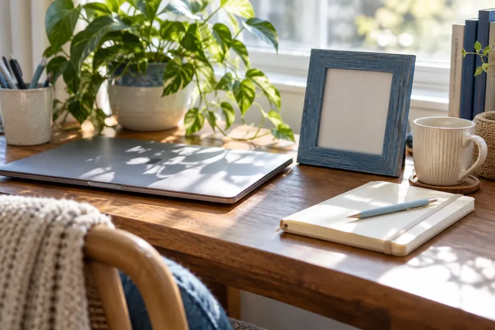 A closed laptop and empty photo frame on a bright desk.