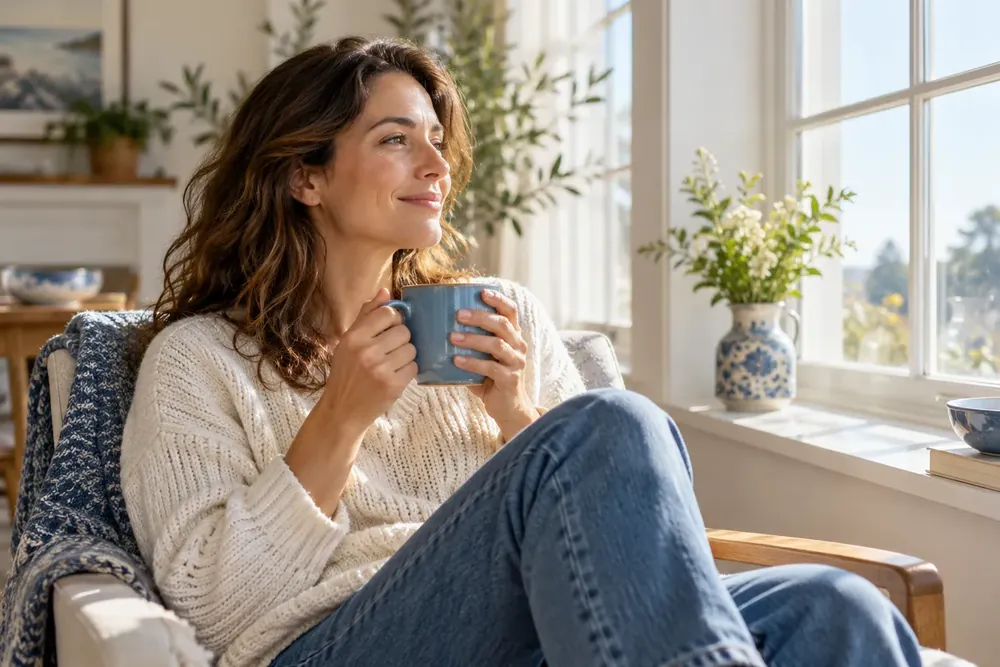 An adult holding a mug beside a sunlit window