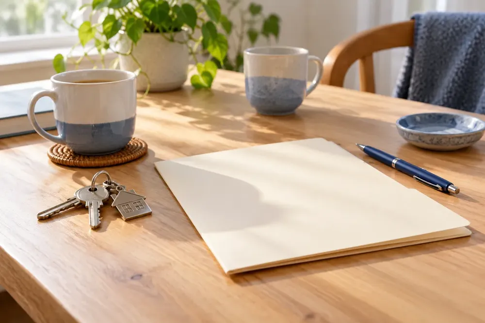 House keys and a folder lie on a sunlit desk.