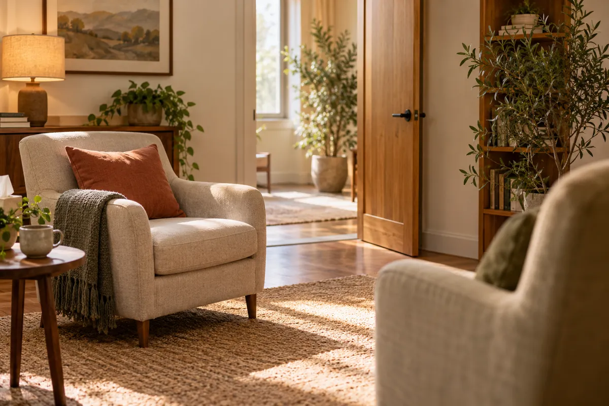 A quiet consultation room with an empty upholstered chair angled toward another chair and an open doorway, warm light, human need for care and recognition, no medical procedures or patient distress