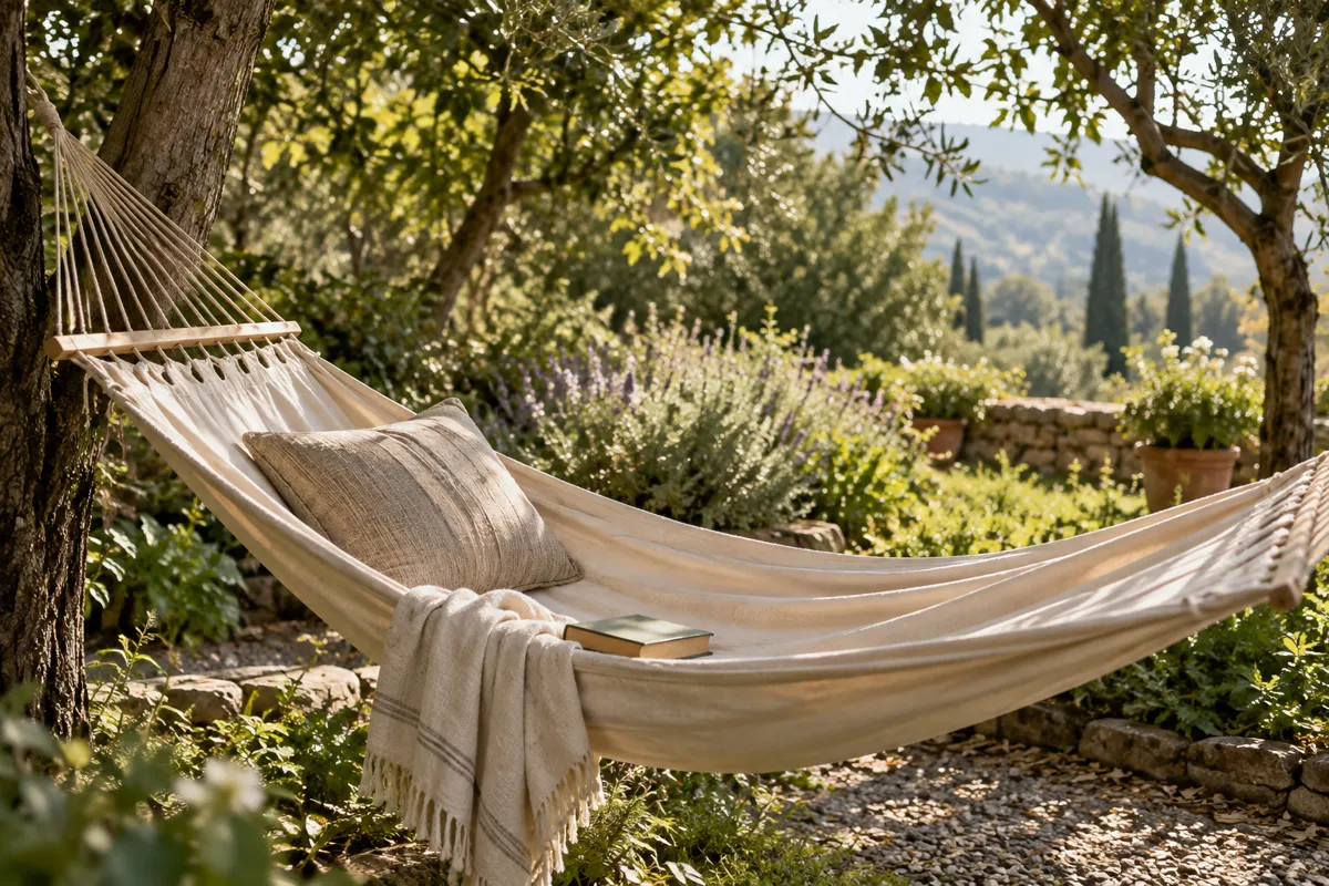 Linen hammock and a closed book in a sunlit garden