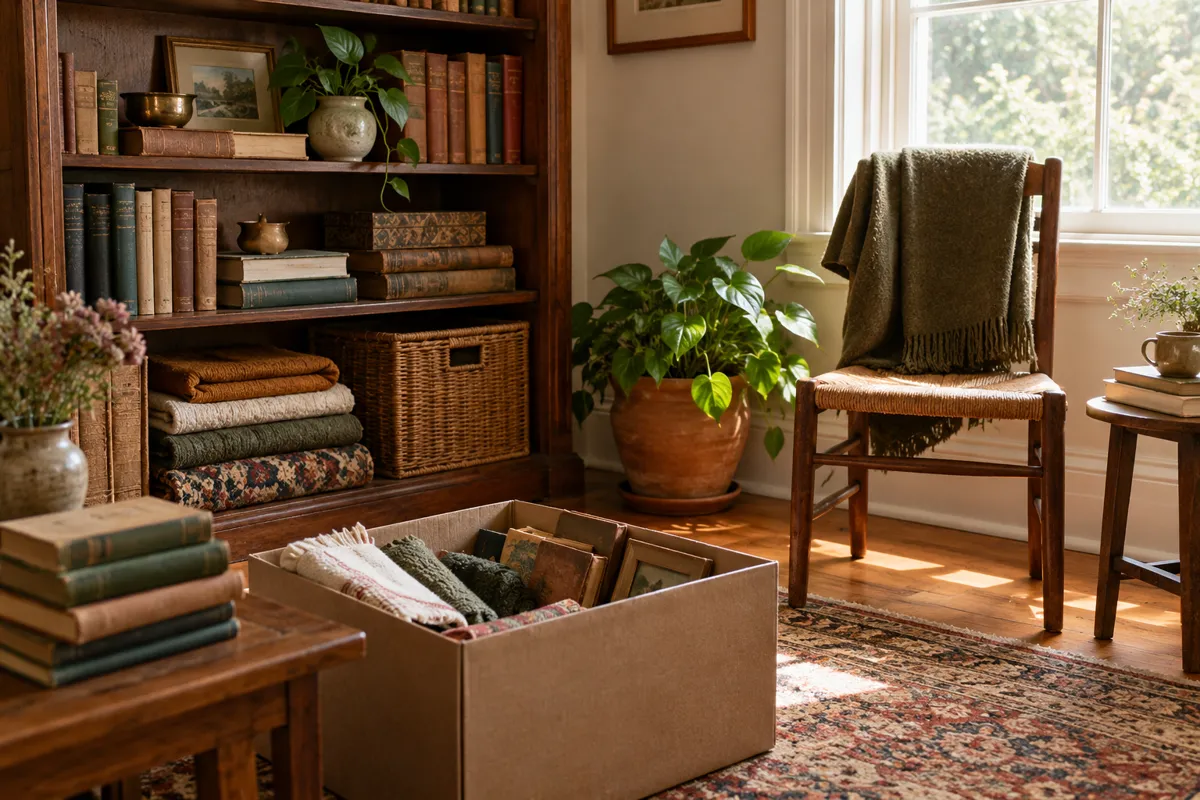 Stored books and textiles surround an open sorting box and cleared chair.