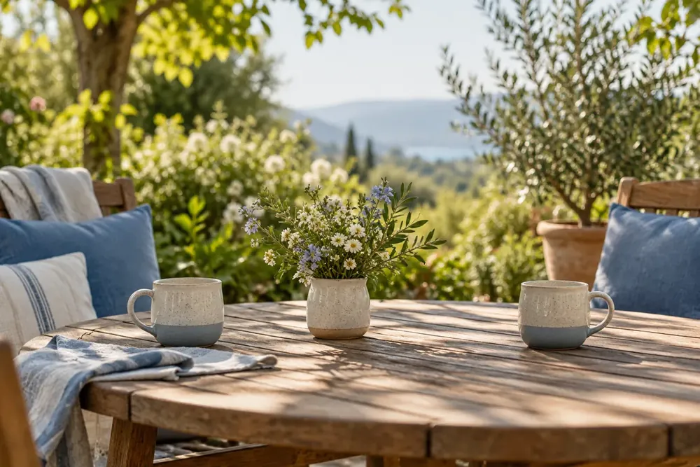 Two cups on a garden table between chairs.