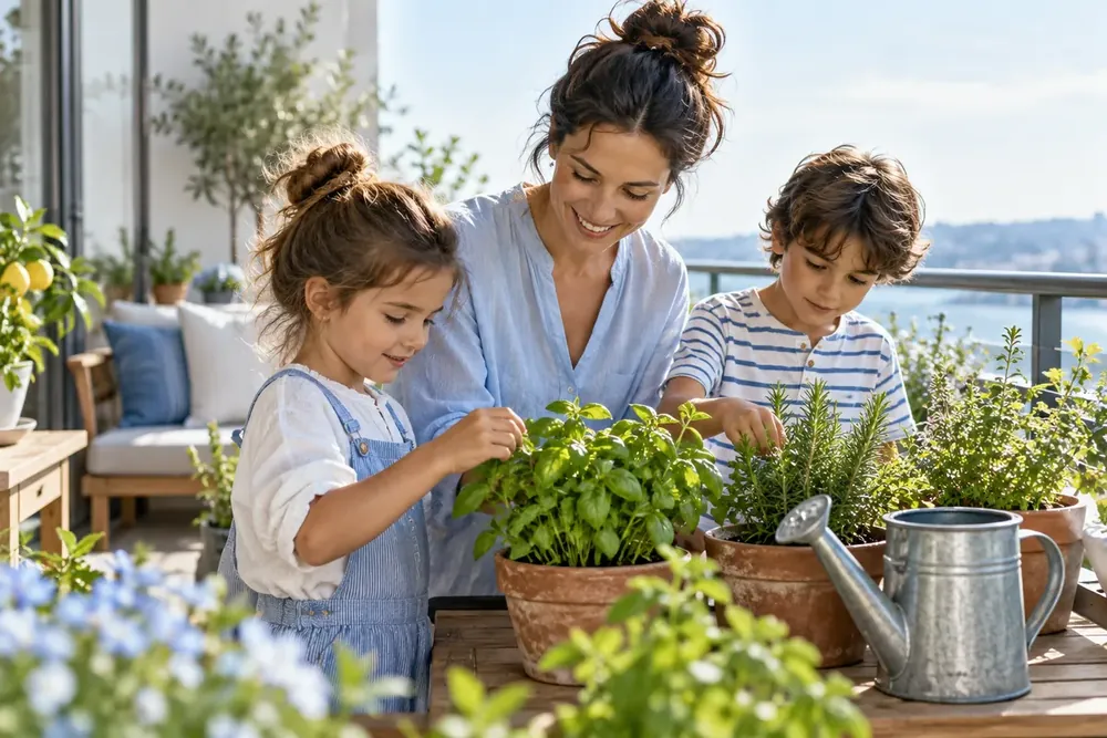A parent and children tending plants on a sunny balcony