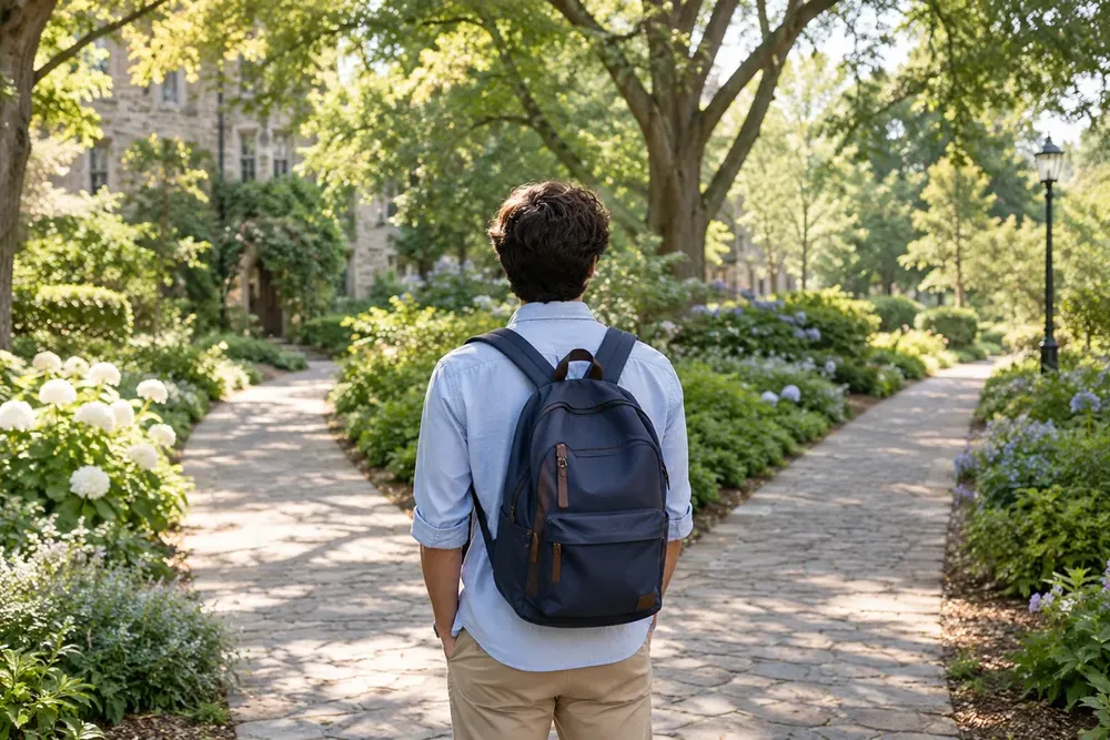 A young adult pausing where two garden paths meet.