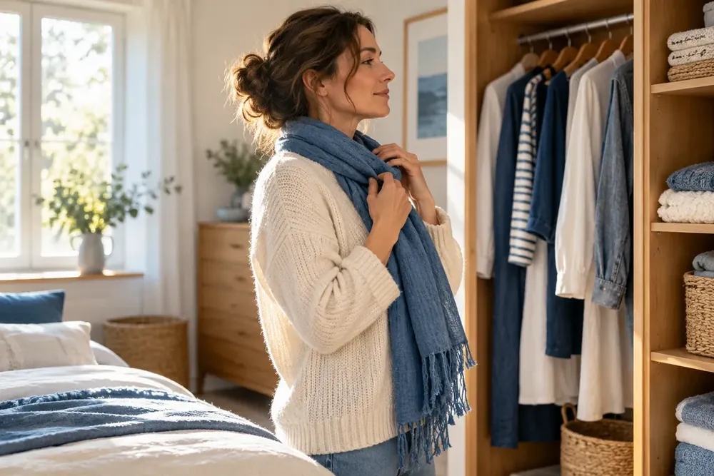 An adult adjusting a scarf in a bright room