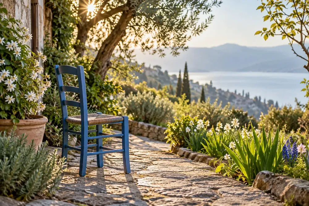 A blue chair beside a garden path and new growth