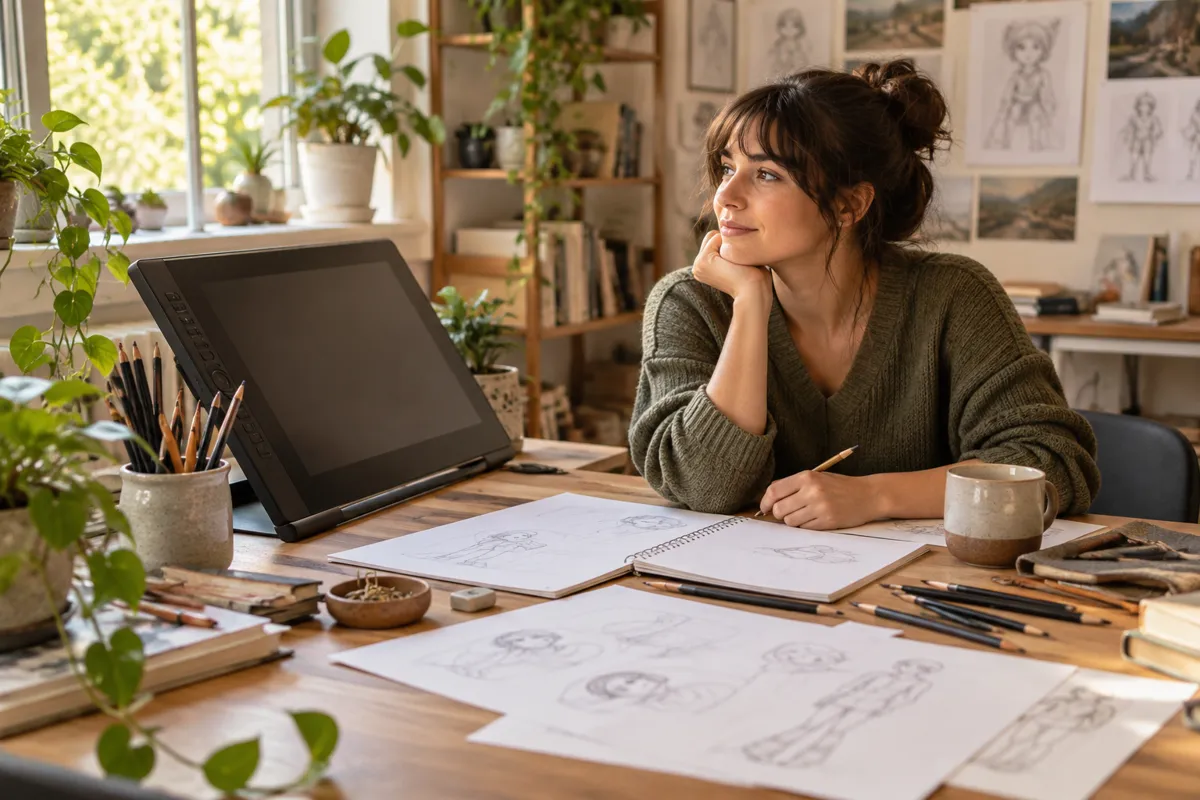 Person reflecting at an animator's drawing desk
