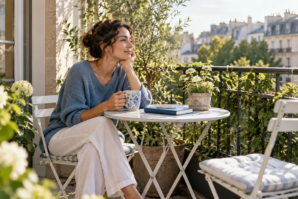 An adult reflecting with a notebook at a balcony table.