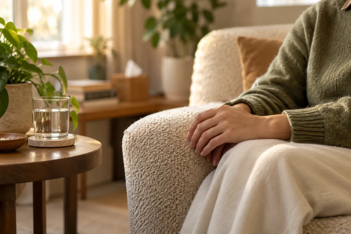 Relaxed hands resting on a comfortable armchair