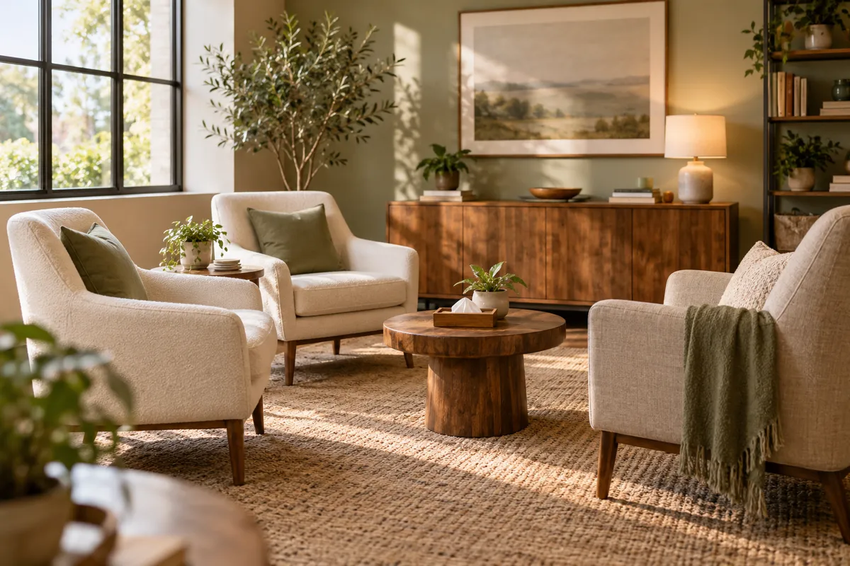 Three comfortable chairs in a welcoming counseling room