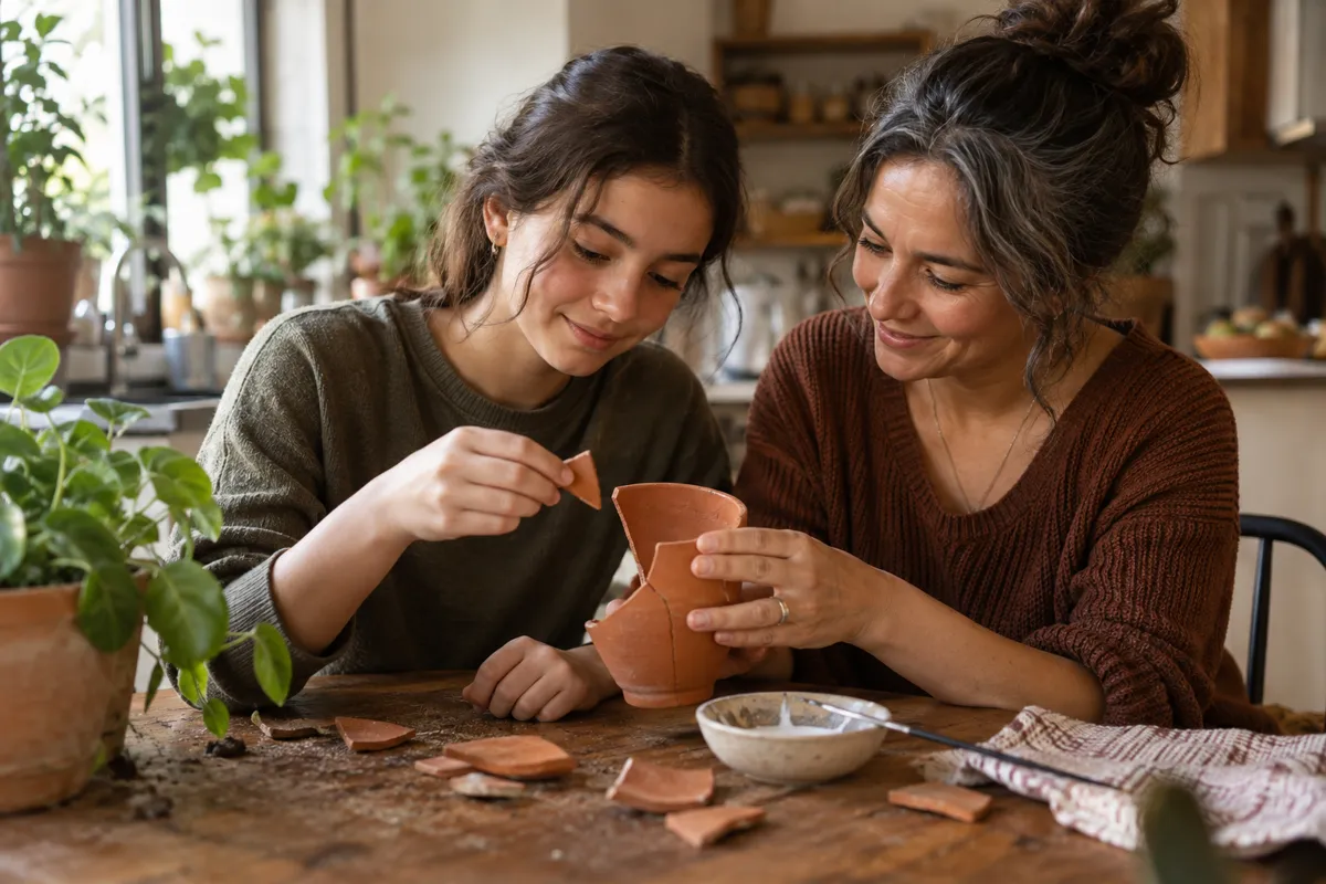 A parent and teenager repair a clay pot together.