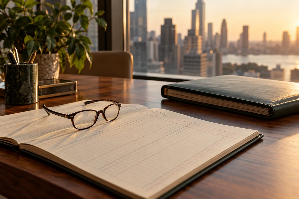 Ledger and reading glasses on a desk overlooking the city
