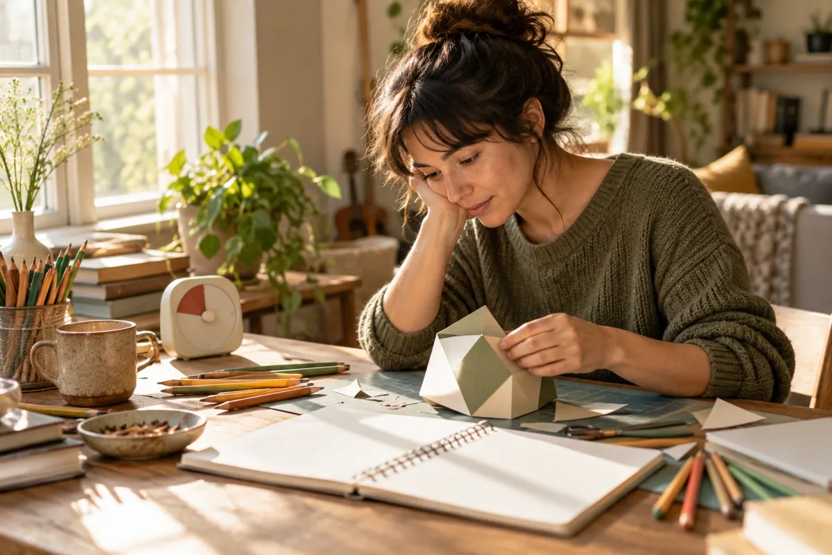 Person building a paper model at a creative worktable
