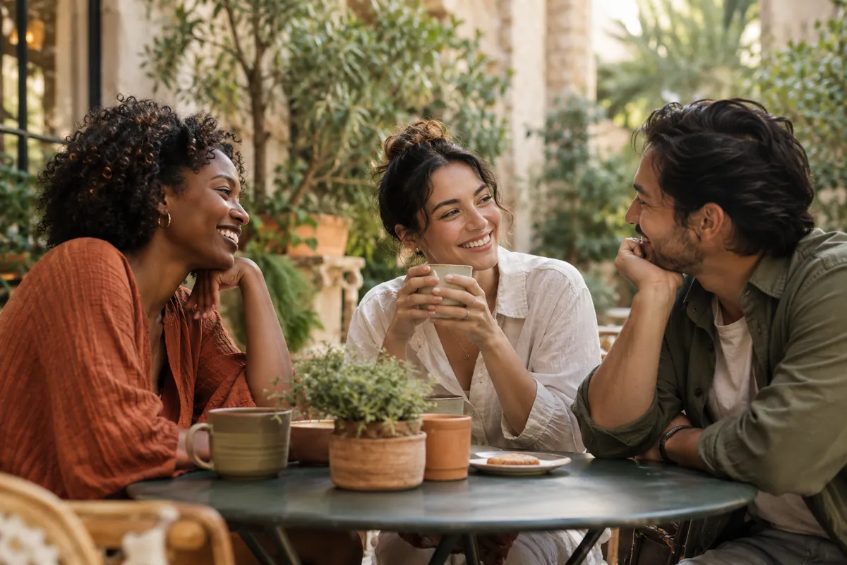 Three adult friends of different backgrounds laughing softly together around an outdoor cafe table in a leafy courtyard, candid documentary framing, warm earth-tone clothing, relaxed connection