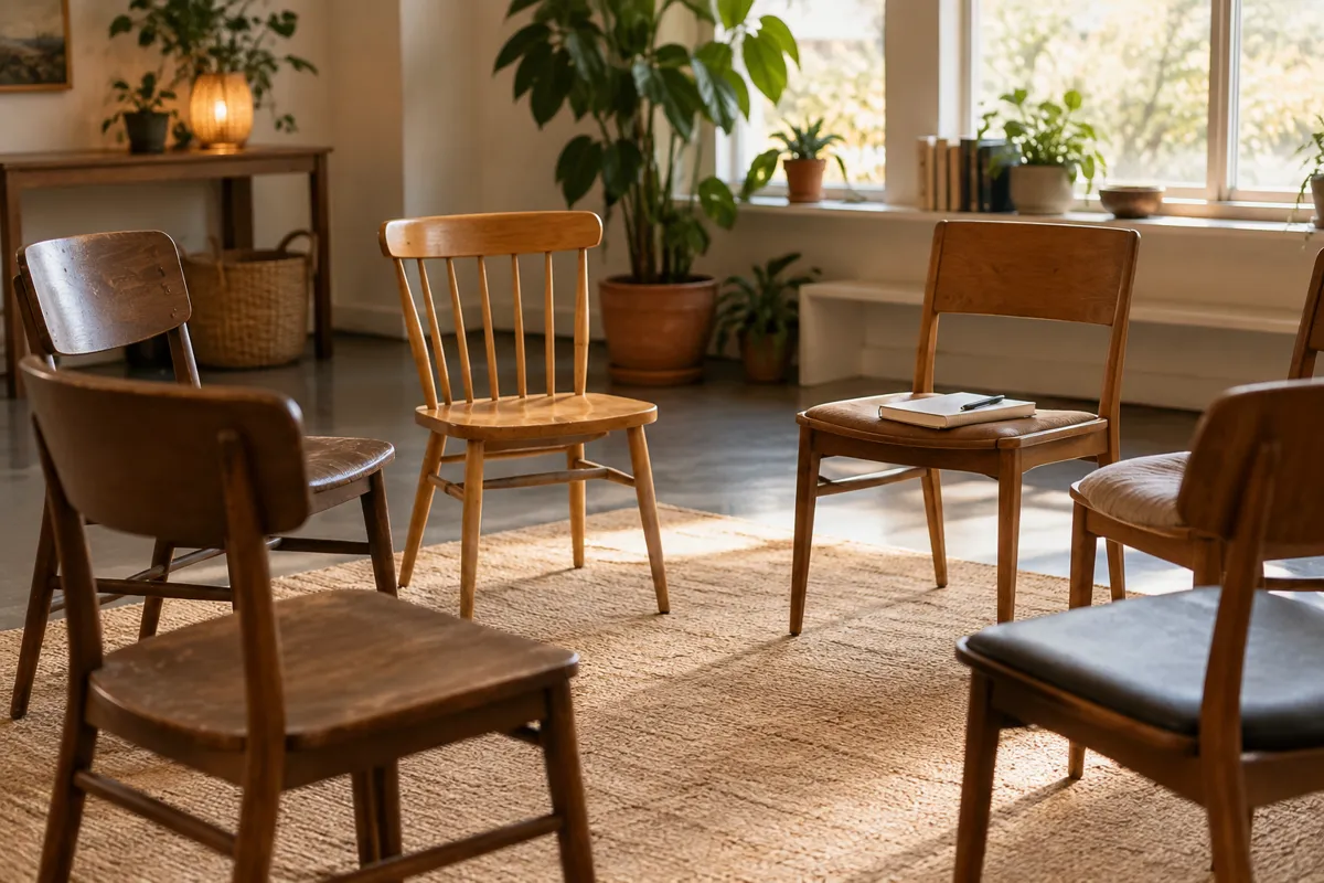 Wooden chairs form a circle in a bright meeting room.