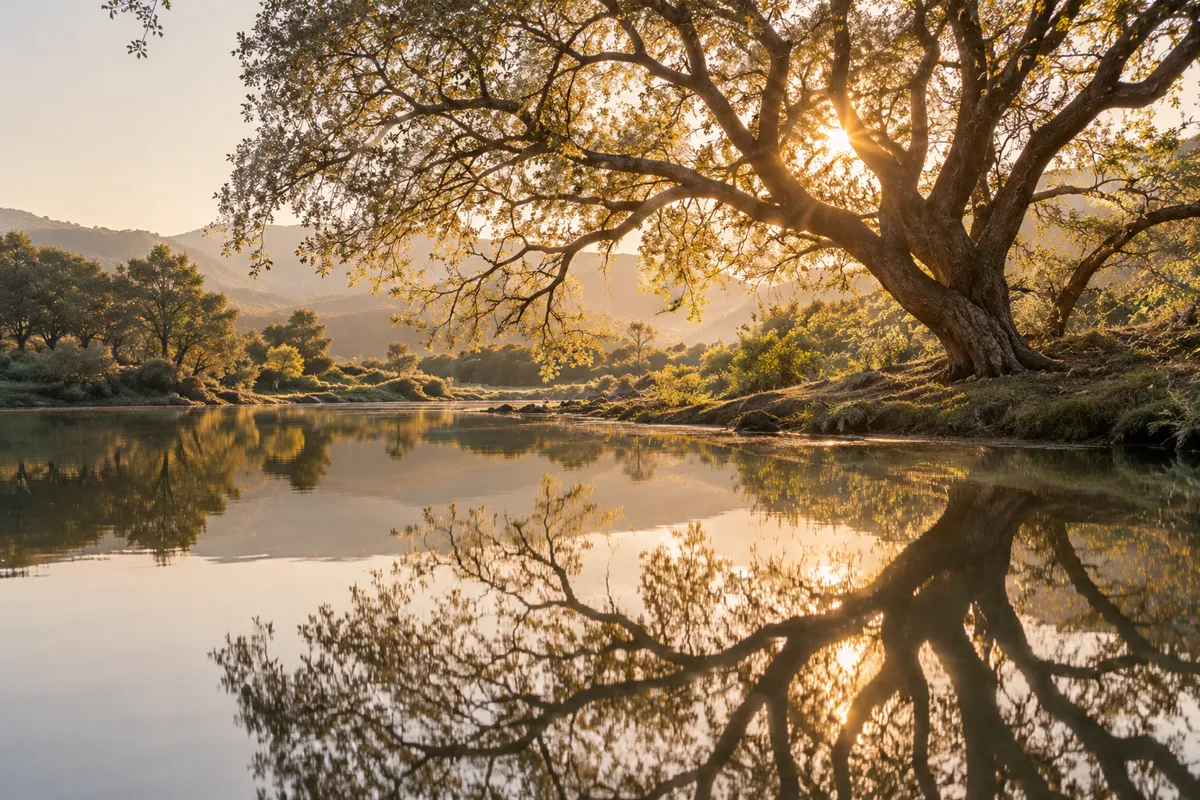 A delicate branching silhouette of a tree reflected in a sunlit pond, intricate natural networks connecting across the landscape, contemplative visual metaphor for brain and behavior, entirely photographic
