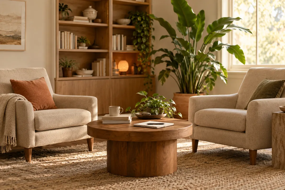 An empty therapist's office with a notebook, two inviting oatmeal armchairs, books turned away on shelves and a large leafy plant, refined documentary interior for a psychologist interview, no person impersonation