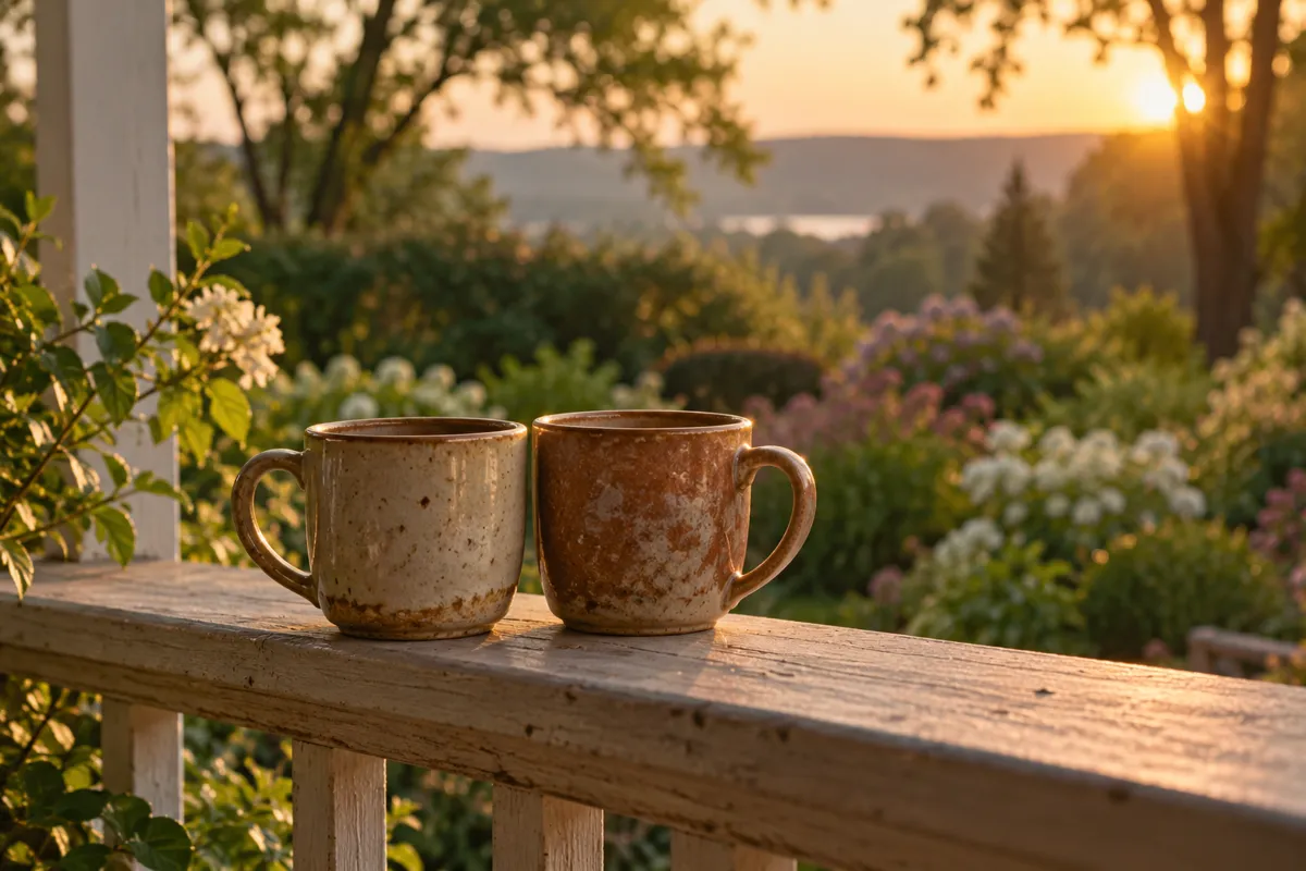 Two ceramic mugs stand together on a garden veranda.
