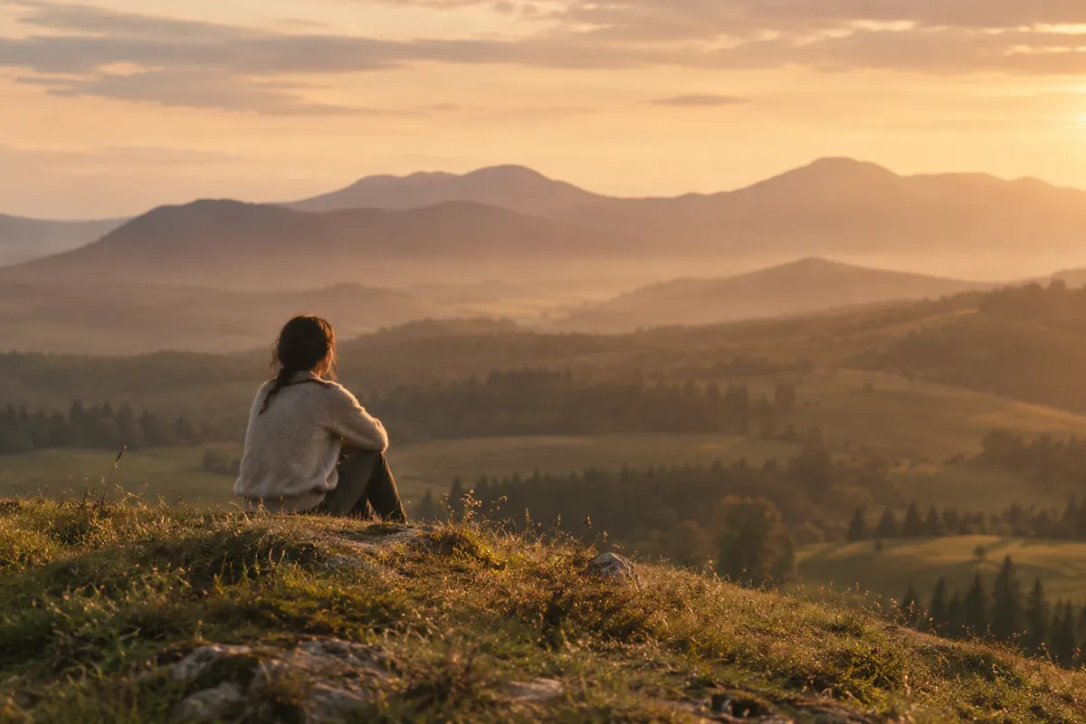 A person looks across gentle hills toward distant mountains.