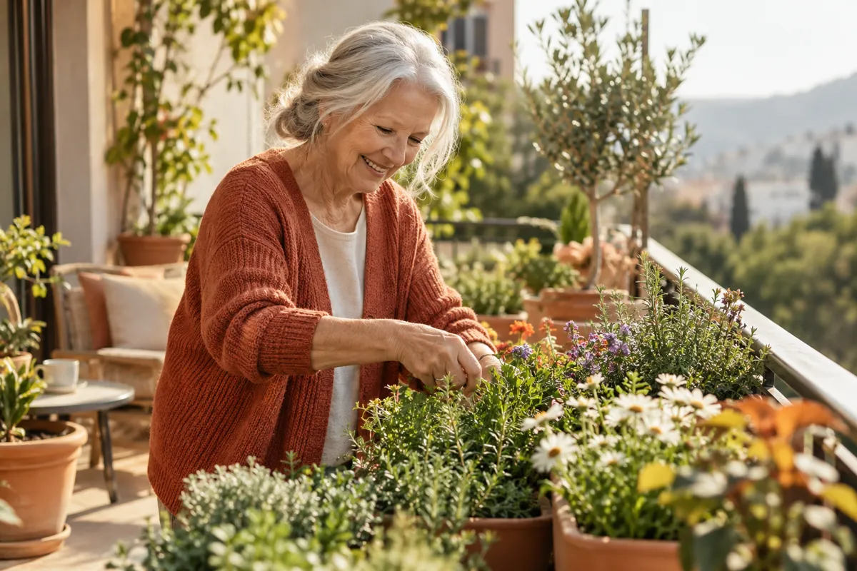 An older adult tending a lively container garden on a sunny balcony, silver hair and warm terracotta cardigan, purposeful cheerful activity, candid natural photography about turning seventy