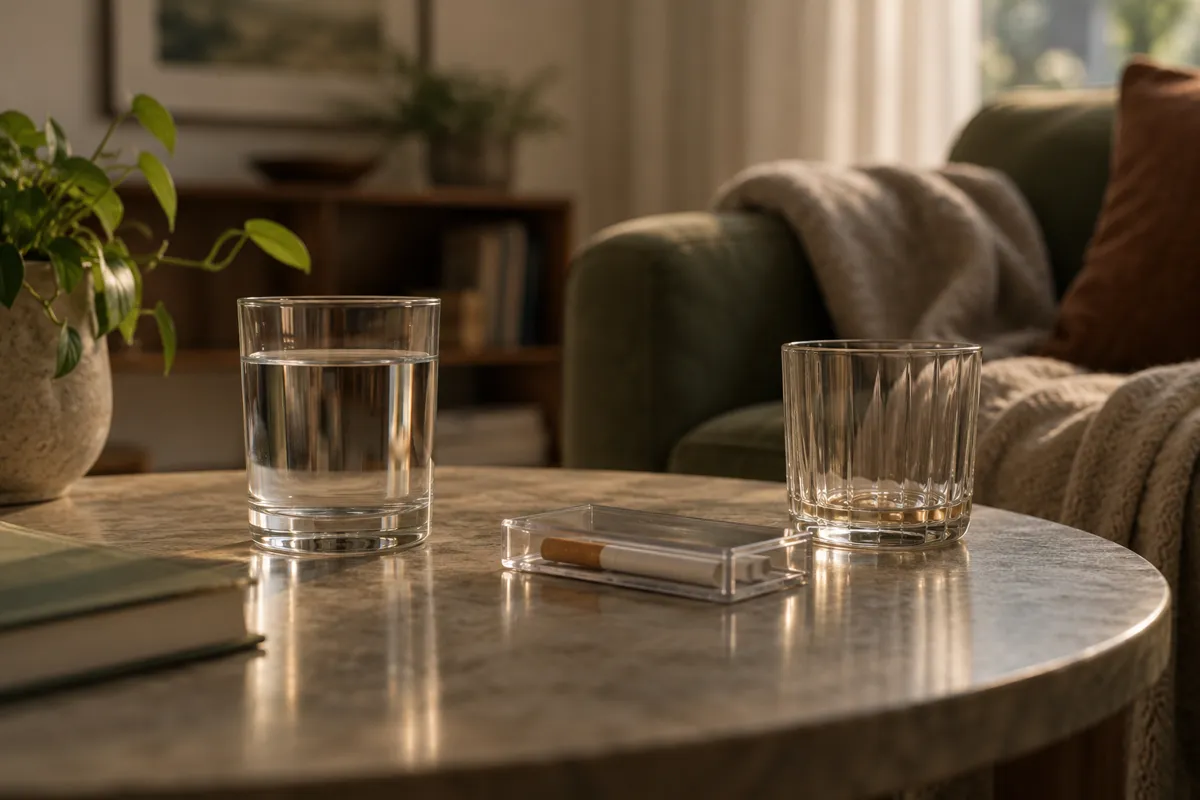 Glass of water and an unlit cigarette in a closed case