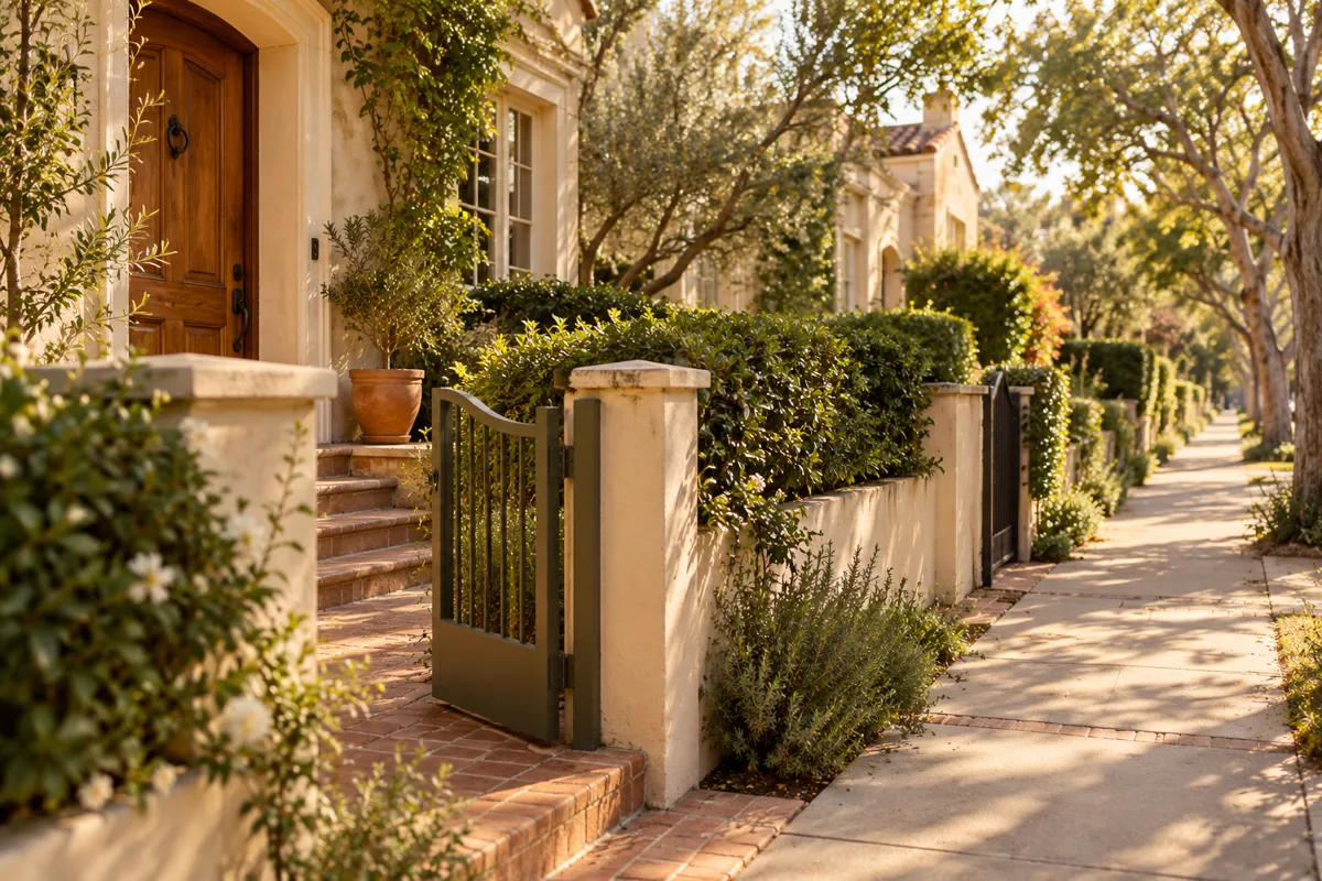 A quiet suburban street with warm textured front doors and hedges, one gate partially open, soft late afternoon light, conceptual neighborhood and personal boundaries, no threatening person or stigma